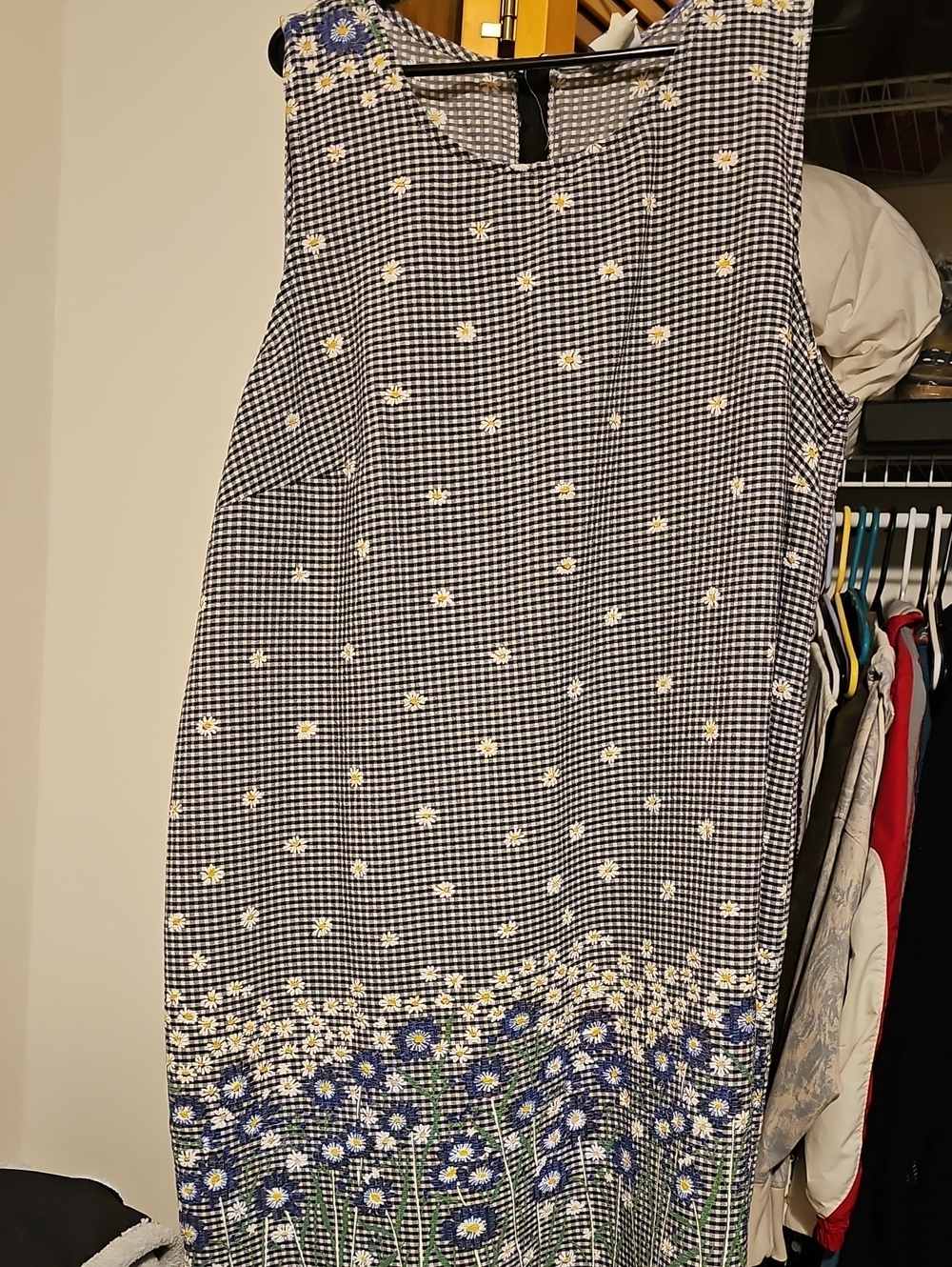 Sleeveless Black & White Gingham Midi Dress with Yellow Daisy Accents